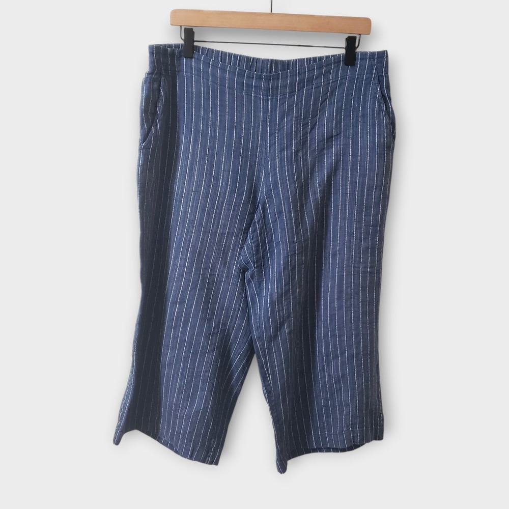 Eileen Fisher Delave Organic Linen Cropped Wide Leg Pants Blue Stripe Medium
